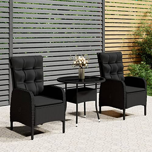 IKAYAA Gartensessel Polyrattan Verstellbar 2 STK Balkonmöbel Set mit 1 Tisch & 2 Verstellbare Hochlehner Stühlen loungesessel Outdoor relaxstuhl polyrattan Sessel Garten liegestuhl-Schwarz-3-tlg