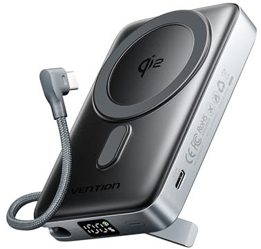 VENTION Powerbank MagSafe 10000mAh Qi2 15W, USB C PD 35W con Cavo, Power Bank Magnetico, Caricatore Wireless iPhone Display a LED, Compatibile con iPhone 16/15/14/13/12 Pro Max Mini Plus