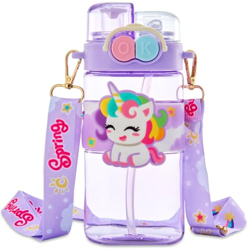 YskerrigToy Einhorn Trinkflasche Kinder, 520ml Wasserflasche Kinderflasche Sportwasserflasche mit Strohhalm Tragbare Kunststoff Wasserflasche Große Kapazität Auslaufsicher Trinkflasche für Kinder