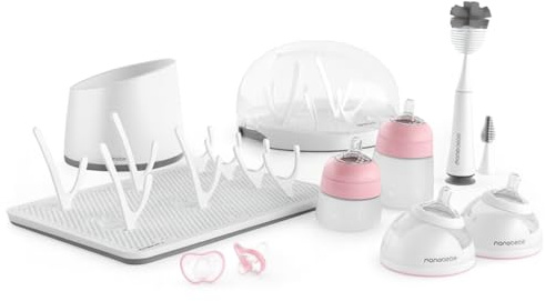 Baby Bottle Drying Rack Set with Steriliser, Bottle Warmer and Accessories, White and Pink