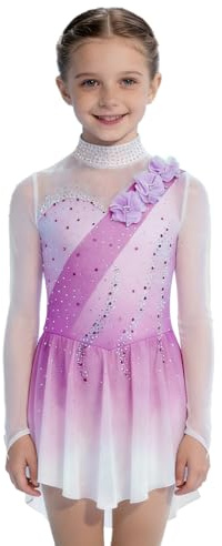 Oyolan Eiskunstlaufkleid für Mädchen mit Farbverlauf Langarm Rollschuhkleid Strass 3D-Blumen Turntrikot Ballettkleid Rollkunstlauf Kürkleider Wettkampf Tanz