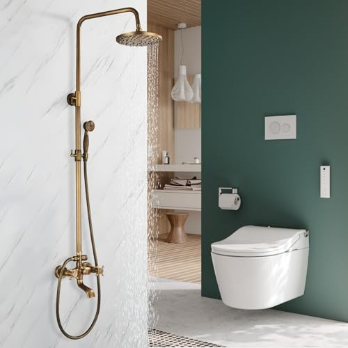 Duschsystem mit Armatur Antik Messing Duschset Retro Glod Duscharmatur Komplettset Vintage Dusche Set Duschgarnitur mit Regendusche 8 Handbrause Kopf, Höhenverstellbar 70-120cm Wand Montiert