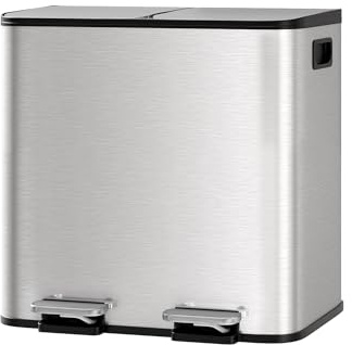 Garvee Cubo de Basura Doble de Acero Inoxidable con Pedal 2x15L – Cierre Suave y Silencioso para Cocinas Pequeñas Reciclaje, Plateado