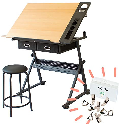 STATIONERY ISLAND Adjustable Drawing Table with 8 Clips - Tilting Drafting Desk for Artists, Architects, and Engineers - Multipurpose Workstation for Art and Design