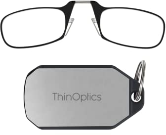 ThinOptics Lesebrille + Silberner Schlüsselanhänger | Schwarzes Brillengestell, 2,00 Dioptrien
