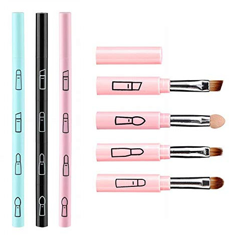 Lot de 3 pinceaux de maquillage 4 en 1 rétractables et portables pour maquillage - Pinceaux à lèvres, fard à paupières, éponge, fard à paupières, sourcils et pinceaux de maquillage