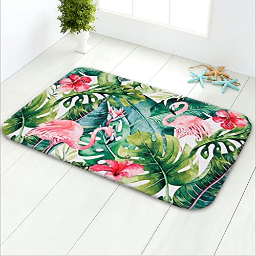 LIVILAN Badteppich mit Flamingo- und tropischen grünen Blättern, dicker weicher Memory-Schaum, rutschfest, Badvorleger, zotteliger Badezimmerteppich, maschinenwaschbar und trocken, 40.6 x 61 cm