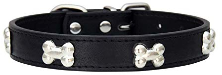 Mdurian Echtes Leder Metallknochen Nieten Hundehalsband Sichere und Bequeme verstellbare Halsbänder für kleine mittelgroße Hunde, (S, Schwarz)