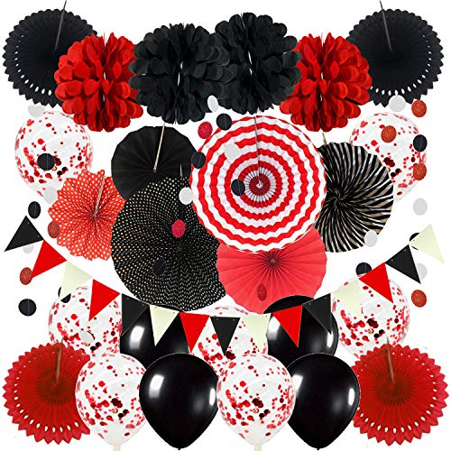 ZERODECO Party Dekoration Papier Pompoms, Schwarz und Rot Aufhängen Fächer Dreieckige Wimpel und hängende Glitter Punkt Papier Girlande Dekorpapier