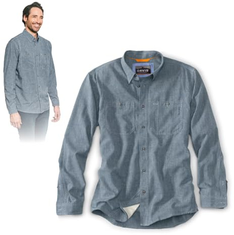 Orvis Tech Chambray Long Sleeve Men's Work Shirts - Lightweight Quick-Drying UPF 40 Chambray Fabric Casual Men's Shirts, Blue Chambray - Large