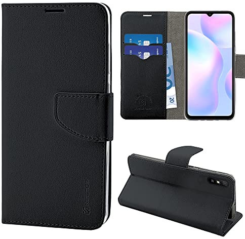 N NEWTOP Cover Compatibile per Xiaomi Redmi 9A / 9AT, HQ Lateral Custodia Libro Flip Chiusura Magnetica Portafoglio Simil Pelle Stand (Nero)