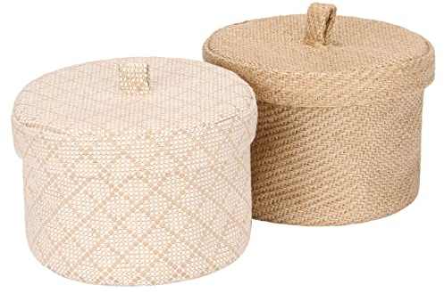 Sea Team Niedliche runde Aufbewahrungskörbe aus Jute und Baumwolle für Toilettenartikel, Spielzeug, Kleinigkeiten, 2 Liter, Schreibtisch-Organizer mit Deckel (Klein B)