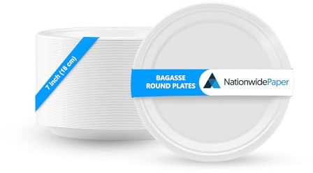 Nationwide Paper 7 Inch Biodegradable Bagasse Round Paper Plates, Strong White Party Plates, 100% Biodegradable Disposable Plates (50 Pcs)