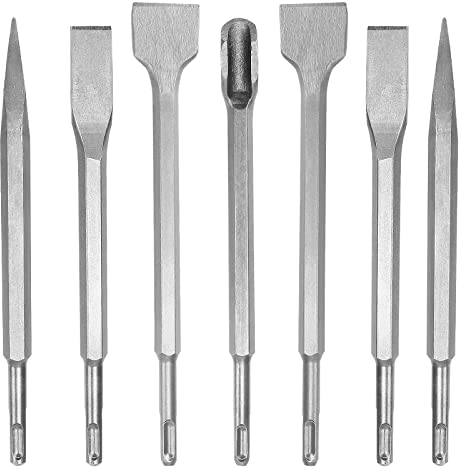 LOLYSIC 7-teiliges SDS Plus-Meißel-Set Hammerbohrer-Meißel-Bit-Set 3/8 Zoll Mauerwerk-Beton-Meißel-Bohrer, Bohrhammer-Meißel-Set einschließlich 40 mm breitem Meißel, 20 mm-Flachmeißel, Spitzmeißel