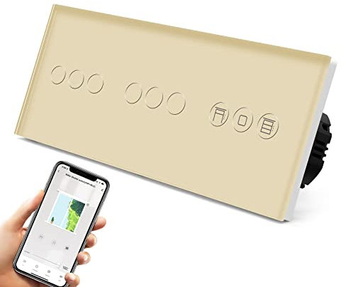 BSEED Smart Alexa Doppelt Schalter mit Rolladenschalter,3 Fach Smart WiFi Touch Lichtschalter Fernbedienung mit Smart Life/Tuya APP,Jalousieschalter Kompatibel mit Alexa und Google Home Gold