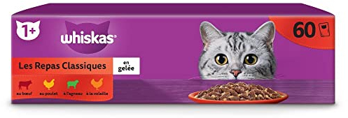 WHISKAS Die klassischen Mahlzeiten (4 Sorten) für Katzen – 60 Frischebeutel – Nassfutter für Erwachsene in Gelee – komplettes & ausgewogenes Nassfutter, auch für sterilisierte Katzen geeignet