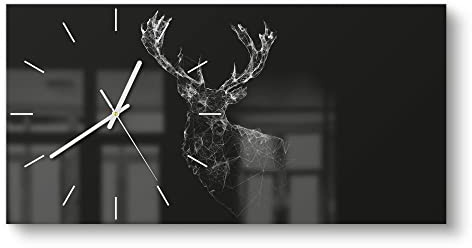 DEQORI Glasuhr | vertikal 60x30 cm | Motiv Digitalisierter Hirsch | große XXL Design Uhr aus Glas | leise Wanduhr für Wohnzimmer & Küche | moderne Hingucker Uhr für die Wand