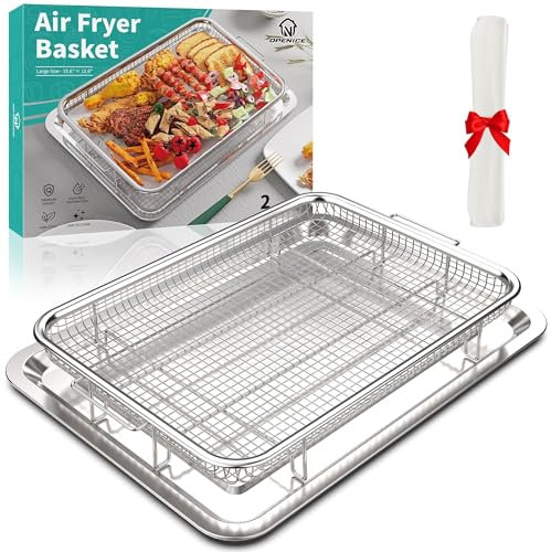 OPENICE Cesta de freidora de aire para horno, cesta grande de 15.6 x 11.6 pulgadas y sartén con 30 papeles de pergamino, cesta de acero inoxidable para freidora de aire y bandeja para hornear a la