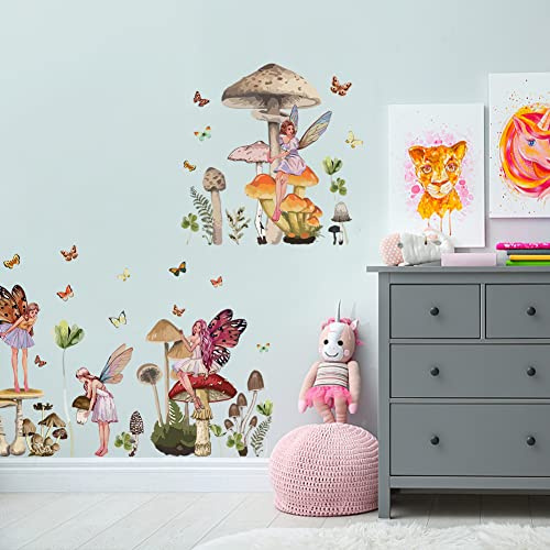 SUPERDANT Pilz Fee Wandsticker Bunter Wald Wandaufkleber Für Schlafzimmer Vinyl Wandsticker Feenprinzessin Mit Schmetterlingsflügeln Wandtattoo Für Spielzimmer Kinderzimmer Wanddekoration