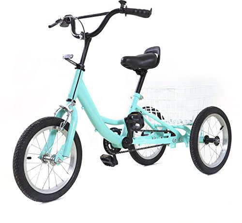 SABUIDDS 14 Zoll Kinderfahrrad, Fahrräder für Mädchen & Jugend, 3 Räder Kinder Fahrrad, Dreirad mit Einkaufskorb für Fahrradwege und Verschiedene Straßen Geeignet, Geschenk Für Kinder, Hellgrün