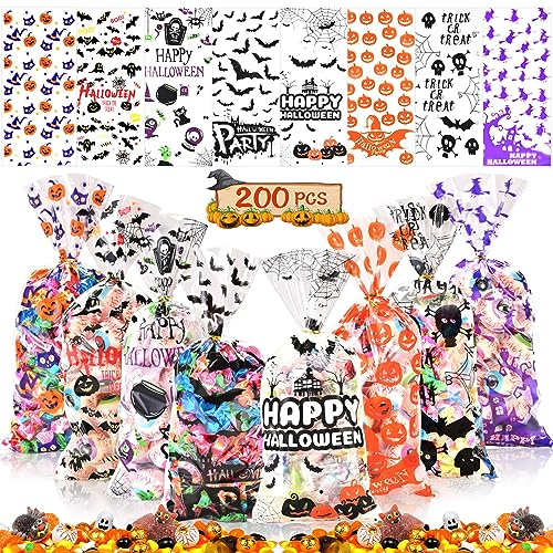 Ahfulife 200 Stück Halloween-Tüten für Süßigkeiten zum Trick-or-Treating, Zellophan-Beutel mit Drehverschlüssen, Geeignet als Geschenkbeutel und Dekorationszubehör für Kinderpartys