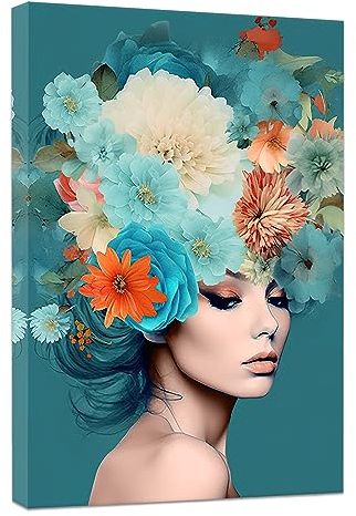 CCWACPP Abstraktes Mädchen-Porträt, Wandkunst, Frau mit Blumen auf Kopf, Bild, Leinwanddruck für Mädchen, Schlafzimmer, Wohnzimmer, Dekoration, gerahmt