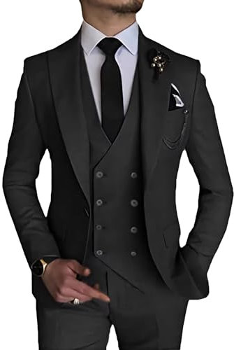 MOGU Herren 3-teiliger Anzug Slim Fit Smoking für Homecoming Hochzeit Abschlussball Blazer Jacke Weste Hose mit Krawatte Set, Schwarz, XL