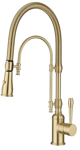 GICASA Kupfer Waschbecken Armaturen, Einhandgriff, 360 Swivel High Arc Küchenspüle Wasserhahn, Gebürstetes Gold Pull Down Küchenarmatur Massiver Messinggriff