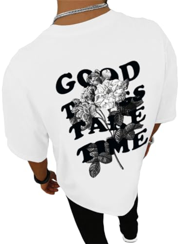 Tomwell Oversized Tshirt Herren Rundhals Kurzarm Lose Sommer Oberteile Mode T-Shirt mit Backprint Vintage Drucken Streetwear Sport Casual Lang Tops A Weiß M