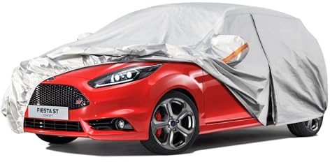 Kayme Autoplane Wasserdicht Atmungsaktiv für Ford Fiesta (1989-2025), 6 Schichten Vollgarage Autoabdeckung für Regen Sonne Staub Schutz Verkratzt, Autoabdeckung mit Reflektierenden Streifen.