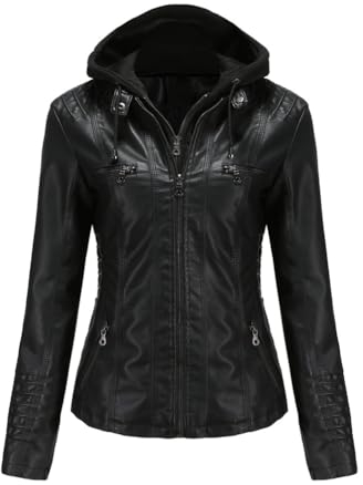 PengGengA Kapuzen Kunstleder Jacke Damen Bikerjacke mit Reißverschluss Motorradjacke Kapuzenjacke Übergangsjacke - Schwarz, 4XL