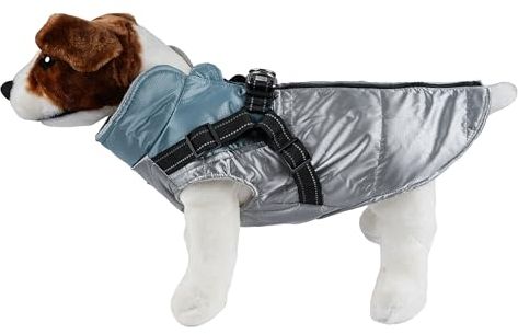 wasserdichte Hundejacke, Warm Hundejacke für Hunde, Hundejacke mit Ring für Geschirr - Silber/Blau, L