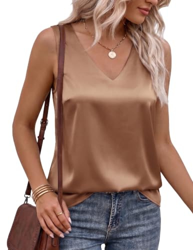 Zeagoo Womens Silk Satin Tank Tops V Neck Casual Cami Sleeveless Camisole Blouses Summer Basic Tank Shirt Khaki XL