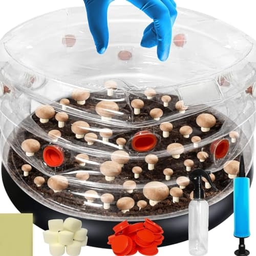 HLGKBY Pilz-Monowannen-Set, aufblasbares Pilz-Zuchtset, Pilz-Zucht-Stillluftbox mit Sprühgerät und aufblasbarem Werkzeug, 45 x 25 x 28 cm Pilzzuchtbehälter mit Filtern für den Frischluftaustausch A