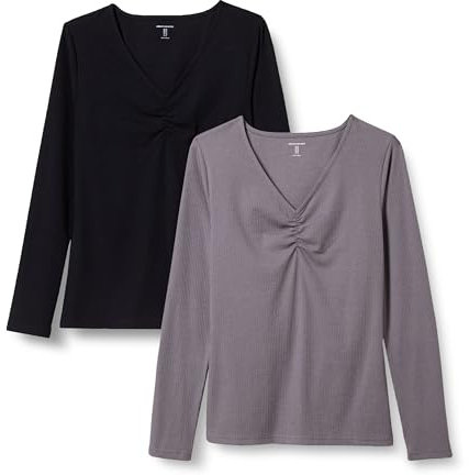 Amazon Essentials T-shirt cintré en tricot côtelé à manches longues et col en V Femme, Lot de 2, Gris/Noir, S