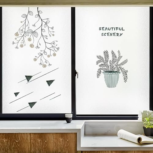 Fensterfolie Blatt Dreieckig Grün Milchglasfolie Fensterfolie Milchglas Selbstklebend Fensterfolie Sichtschutz Blickdicht Fenster Sichtschutzfolie Folie für Fenster Fensterfolie Bad 60x200cm/2 Pcs