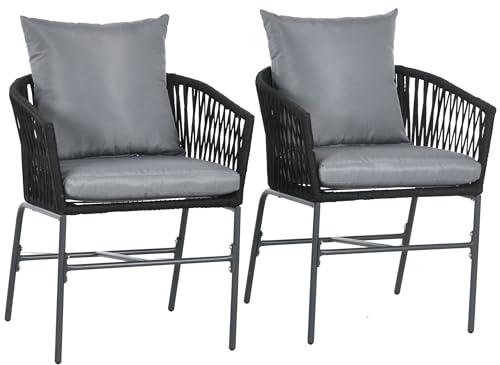 Outsunny 2er-Set Gartenstühle mit Kissen Gartenmöbel im Boho-Stil Gartensessel Set, Gartenstuhl, Terrassenstuhl, Balkonstuhl, Metallrahmen, Schwarz, 57 x 60 x 71 cm