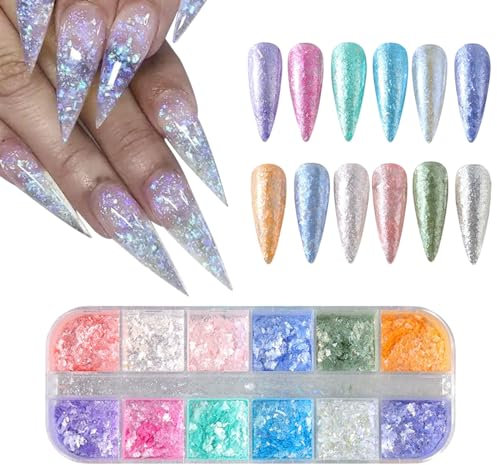 Holographic Nail Glitter,1Boxes 12Grids Opal Nail Flakes Aurora Iridescent Irregular Paillettes,Mermaid Bright Colorful Ice Foil Nail Sequins for DIY Nail Art Decoration Shining Flakes