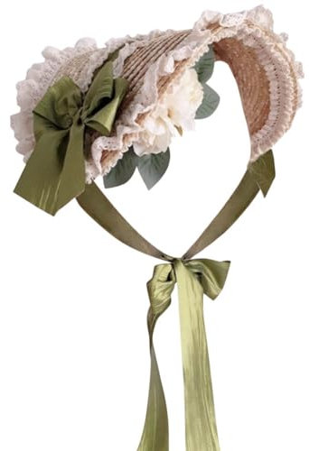 Besforta Lolita-Hut für Mädchen und Frauen, flach, für Teepartys, Sonnenhut, Spitzenschleifen, Blumenbänder, Strohhüte