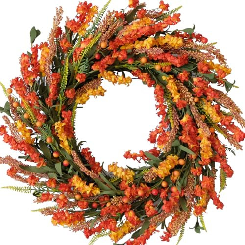 Egolot 22 Inch Fall Flower Wreath for Front Door, Autumn Yellow Orange Forsythia Flower Indoor Outdoor Wreath with Berries Foam Leaves, Fall Festival Home Decor Wreath