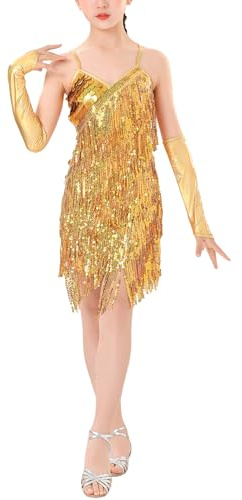 AIEOE Mädchen Latein Tanzkleid mit Handschuhen Latein Tanzkleid Mädchen Fransen Tanzkleid für Tango 5-13 Jahre
