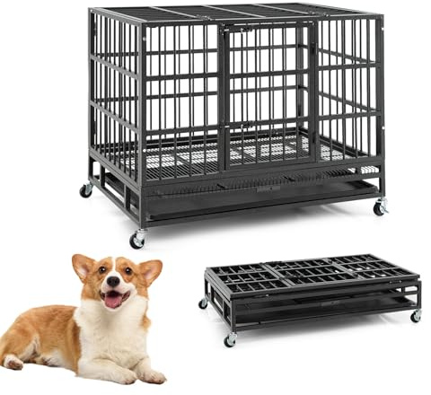 GOPLUS - Jaula para perro plegable de metal con 4 ruedas universales, 96 x 65 x 77 cm, perrera para perro al aire libre con puertas dobles cerradas, bandeja deslizante extraíble para interior exterior