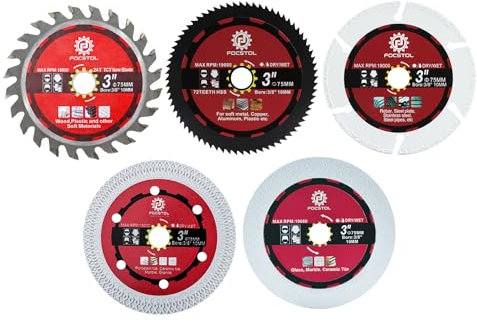 FOCSTOL Trennscheibe Set - 5 Stück 75mm x 10mm Diamant Sägeblatt für Porzellan Fliesen Holz Beton Metall Glas Jade