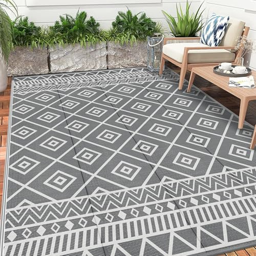 Enyhom Outdoor Teppich Wetterfest Kunststoff Groß RV Camping Außenteppich Wendbarer Picknickdecke Balkon Garten Teppich Terrassenteppich für Strand, Wintergarten, Wohnzimmer,RV Camping,240 x 300 cm