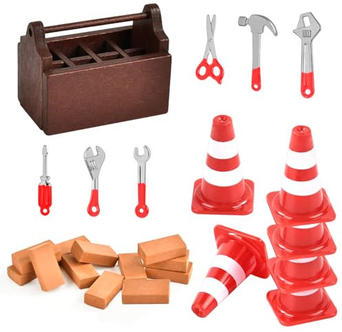 25 Stück Wichtel Baustelle Set, Miniatur Werkzeugkasten Set, Mini Holz Werkzeugkiste, Mini Straßensperre, Mini Simulation Ziegel, für Puppenhaus Zubehör Weihnachten (Rot)