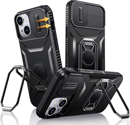 XYZ for iPhone 15 with Stand, Ring Holder Kickstand Slide Camera Cover, Shockproof Military Hard Protective Case, Black