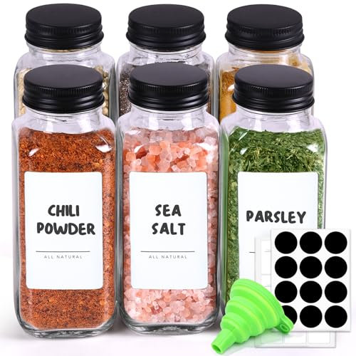 ComSaf 6Pcs 8oz/240ml Glass Spice Jars with Shaker Lids, 21 Labels, Spice Jars Trial Set & Supplement Set, Empty Seasoning Containers and Square Spice Bottles for Kitchen and Seasoning