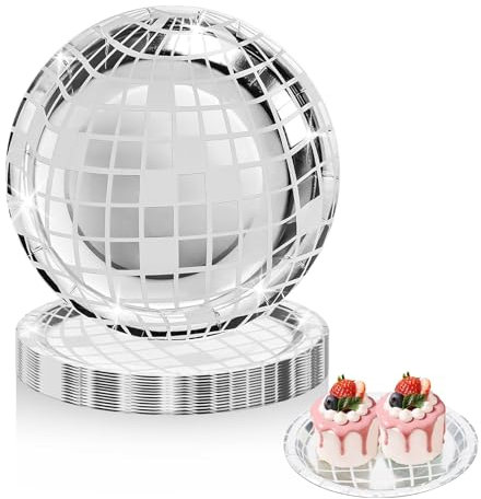 Pixaro 25PCS Silver Disco Paper Plates, Formal Retro Style, High-Glossy Finish, Ideal for Parties and Celebrations
