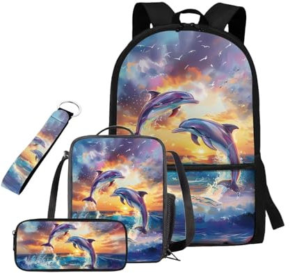 HUGS IDEA Mochila para niñas, bolsas escolares y lonchera, mochila escolar para niños, juego 4 en 1, mochila casual, Delfín, Taille unique