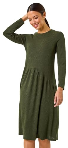 Roman Originals Ribbed Drop Waist Stretch Dress for Women UK - Ladies Everyday Autumn Winter Round Neckline Comfy Soft Evening Vacation Work Party Night Out - Dark Green - Size 16